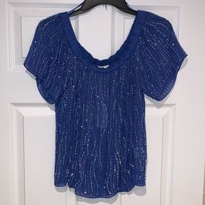 ❤️ Parker Translucent Cerulean Beaded Scoop Neck or Off Shoulder Blouse S ❤️ F1